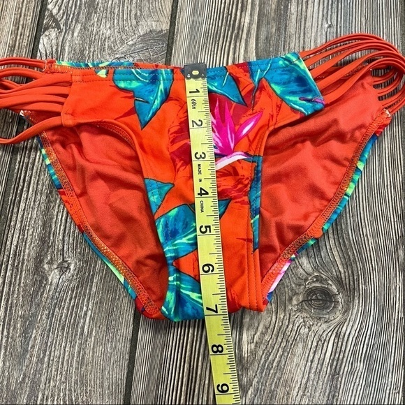 XHILARATION Red Tropical Print Bikini Bottom Blue Green Leaves Strappy Sides - Picture 5 of 8